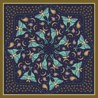 Turkuaz güveli ve şal desenli eşarp ya da bandana. Kelebekli ve aylı etnik göksel halı tasarımı. Soyut boho gece böcekleri arkaplanı.