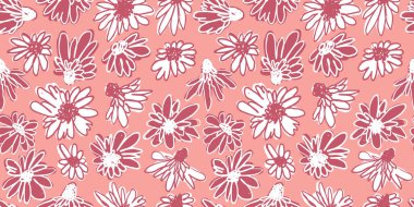 Elle çizilmiş pürüzsüz desenli pembe karalama çiçekleri. Kaliteli mürekkep rengi kalın çiçekler kumaşı tekrar eder. Modern minimalist papatya duvar kağıdına çiçek açtı.