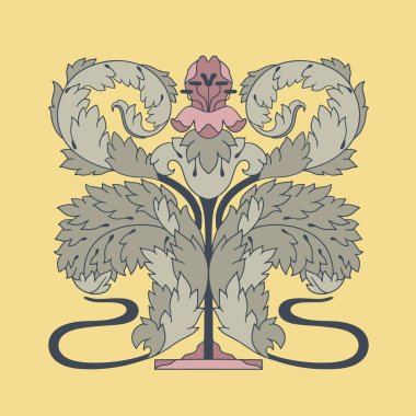 Art Nouveau el yeşil akanthus yaprağı ve çiçek dekoratif elementi çizdi. Klasik sessiz renkler botanik tasarım vektör çizimi. Kart tasarımı için klasik çiçek motifi deco biçimi