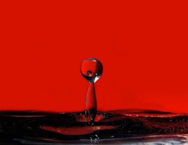 Büyük damla twater yüzeyinden yansıtılarak kırmızı arkaplanda küçük bir damla ile çarpıştı