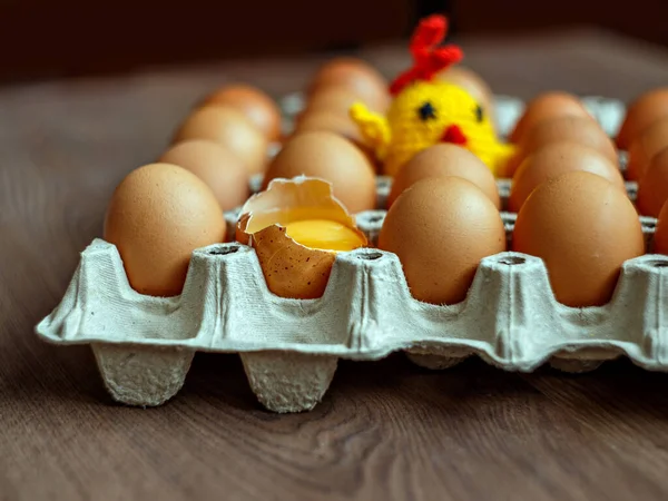 Masadaki gri kutuda kahverengi tavuk yumurtası ve oyuncak sarı tavuk. Seçici odak