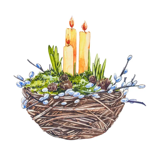 Nido acquerello con candele pasquali e rami di salice. Disegna a mano illustrazioni ad acquerello su sfondo bianco. Collezione Pasqua. — Foto Stock