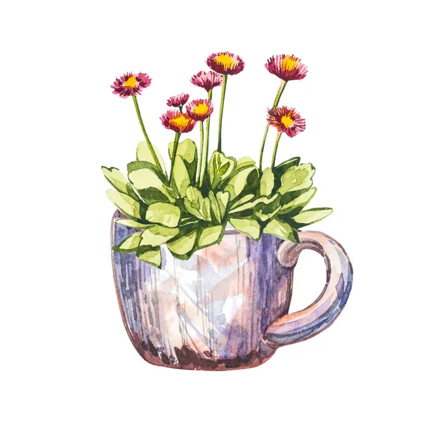 Akvarel pohár s malými růžovými květy. Ručně kreslit akvarel ilustrace na bílém pozadí. Velikonoční sbírka. — Stock fotografie