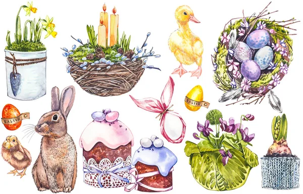 Osterset und Clip-Art-Vorlage mit Ostereiern, Blumen, Tieren, Osterkuchen, Vögeln auf weißem Hintergrund. Aquarellillustrationen. — Stockfoto