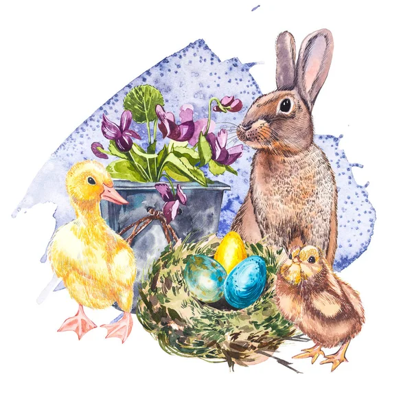 Pasen set en sjabloon clip art met paaseieren, bloemen, dieren, paastaart, vogels nest op witte achtergrond. Aquarelillustraties. — Stockfoto