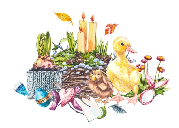 Conjunto de Páscoa e modelo clip art com ovos de Páscoa, flores, animais, bolo de Páscoa, ninho de pássaros no fundo branco. Ilustrações em aquarela. — Fotografia de Stock