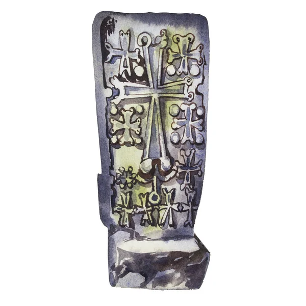 Khachkar armenio. Cruz cristiana armenia tallada en piedra aislada. Antigua cruz cristiana ornamental sobre piedra en la iglesia. — Foto de Stock