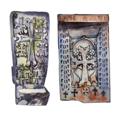 Ermeni Khachkar. Taşa oyulmuş Ermeni Hristiyan haçı. Kilisede taş üstünde antik süs Hıristiyan haçı.
