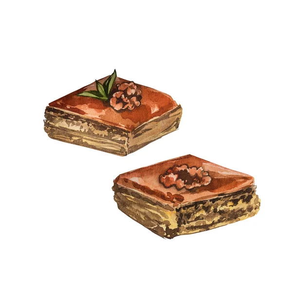 Traditionele dessert baklava. Aquarel illustratie op witte achtergrond. — Stockfoto