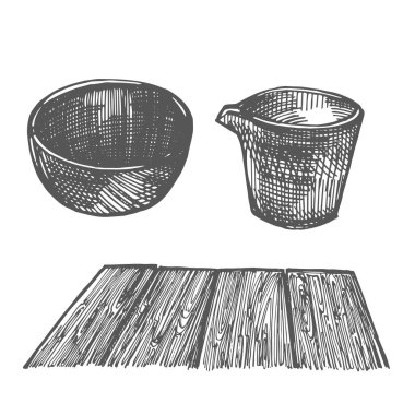 Beyaz arka planda tahta masa ve çay kasesi. Klasik tarzda elle çizilmiş vektör çizimi. İzole tasarım elementleri. Clipart.