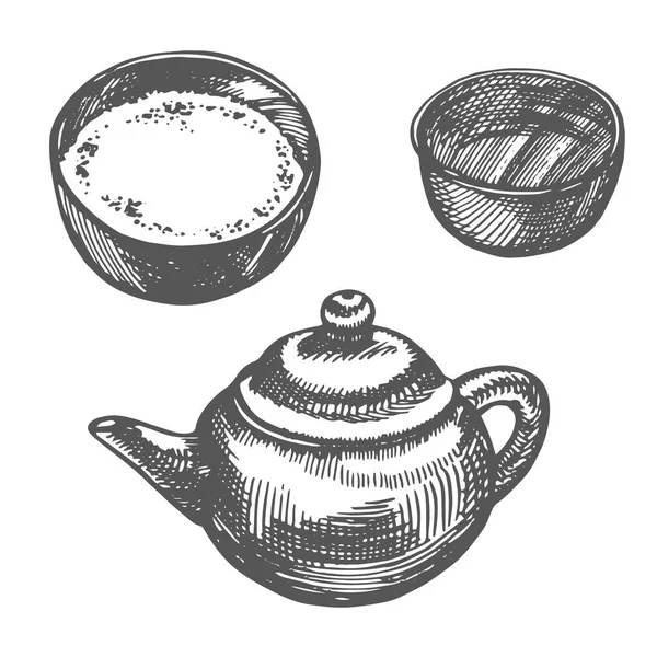 중국 전통 찻주전자에 차 그릇 이 있습니다. 그래픽 손으로 그린 일러스트, 벡터. — 스톡 벡터