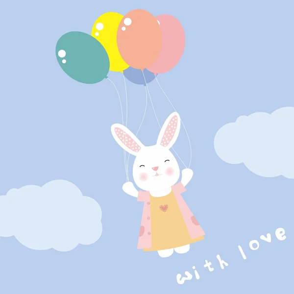 Милый кролик летит на воздушных шарах в небе — стоковый вектор