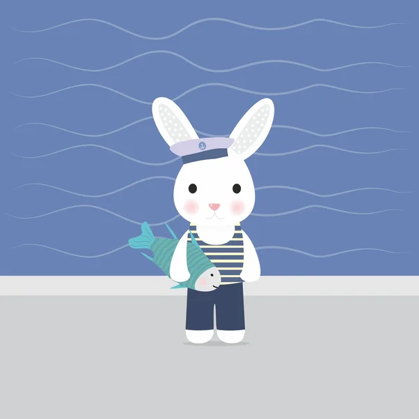 Bunny marinero sostiene en patas de pescado — Vector de stock