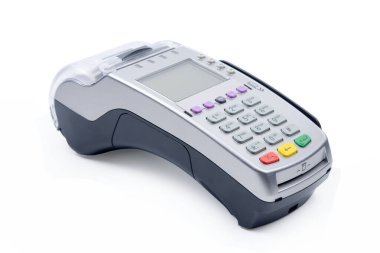 Beyaz arkaplanda kırpma yolu ile izole edilmiş EDC makinesi veya elektronik veri yakalama makinesi