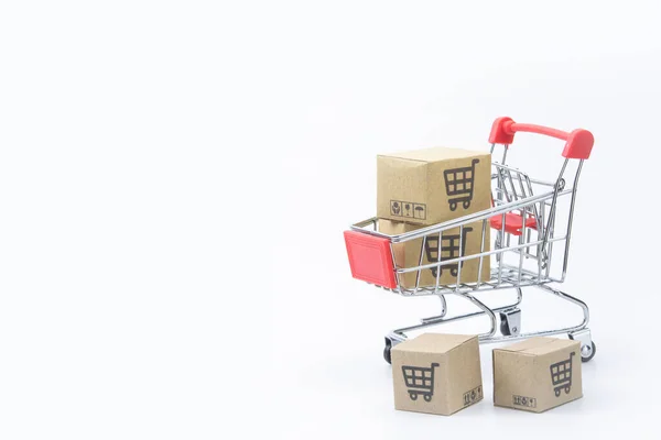 Shopping Concept Cartons Paper Boxes Red Shopping Cart White Background — Stock Photo, Image