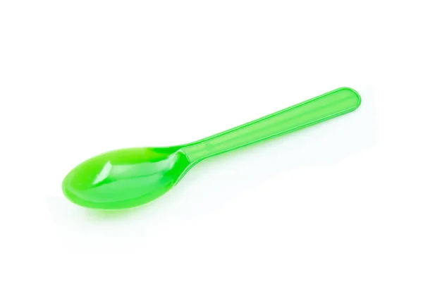 Groene Plastic Lepel Geïsoleerd Witte Achtergrond — Stockfoto