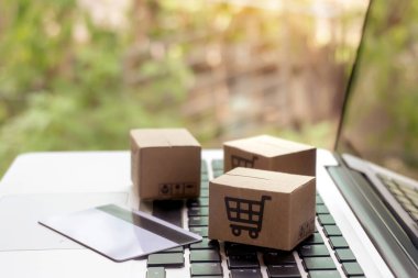 İnternetten alışveriş, kağıt kutular ya da klavyede alışveriş arabası logosu ve kredi kartı olan bir paket. İnternet üzerinden alışveriş hizmeti sunuyor.