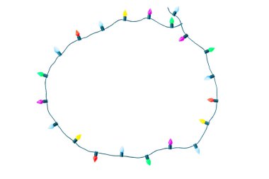 Yılbaşı ışıkları kırpma yolu ile beyaz arkaplanda izole edilmiş ipe bağlıdır