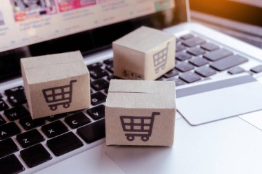 İnternetten alışveriş. Kredi kartı ve klavyede alışveriş arabasının logosu olan karton kutu. İnternet 'te alışveriş servisi. Eve teslim etmeyi teklif ediyor