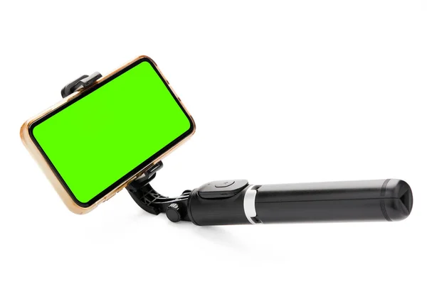 Selfie Stick Smartfonem Białym Tle Ścieżka Wycinania — Zdjęcie stockowe