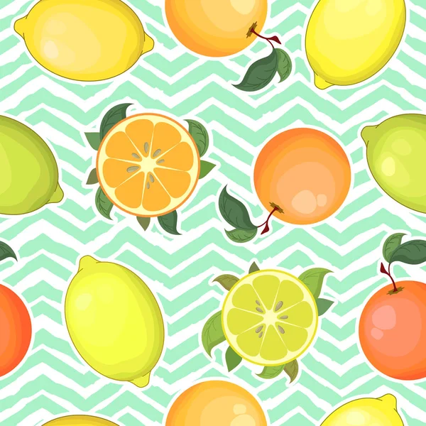 Бесшовный Векторный Рисунок Разноцветными Апельсинами Лимонами Выделенными Геометрическом Фоне Концепция — стоковый вектор