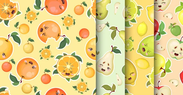 Vector Seamless Patterns Collection Cute Cartoon Colorful Fruits Apples Pears — Stock Vector