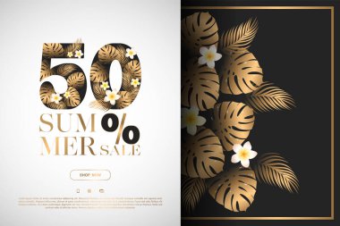 Yaz 50% 'lik satış vektör şablonu egzotik tropikal altın çiçekler, canavarlar ve palmiye yapraklarıyla. Reklam, promosyon, broşür, davetiye, poster, web sitesi, kart tasarımı