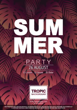 Renkli tropikal canavarlar ve palmiye yapraklarıyla yaz vektör çizimi. Pankart, duvar kağıdı, el ilanı, parti davetiyesi, poster, broşür, fiş indirimi