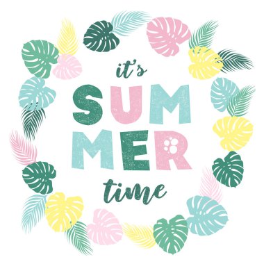 Renkli harflerle çizilmiş vektör çizimi. Yaz mevsimi ve yuvarlak çerçeve tropikal canavarlardan ve palmiye yapraklarından. Pankart, duvar kağıdı, poster, el ilanı, kart, broşür