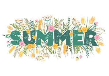 Renkli el çizimleri olan vektör illüstrasyonu beyaz arka planda bulunan Summer, çiçekler, yapraklar ve bitkiler. Pankart, duvar kağıdı, poster, broşür ve kart için düzenleme