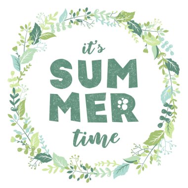 Renkli yapraklar, bitkiler, dallar ve harflerle çizilmiş yuvarlak çerçeveli vektör illüstrasyonu Beyaz arka planda izole edilmiş yaz zamanıdır. Kart, kapak ve broşür için çiçek tasarımı şablonu