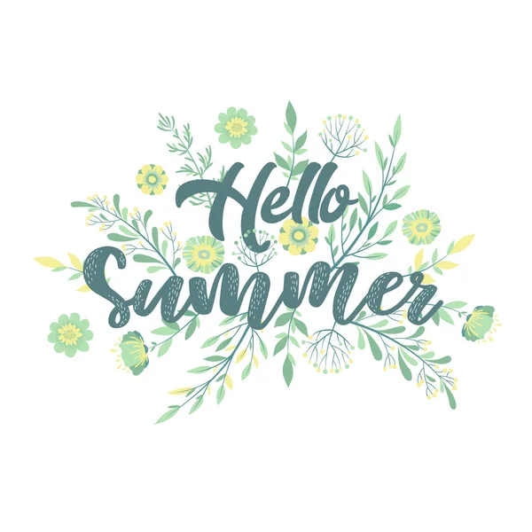 病媒图解与季节报价你好夏天 手绘鲜花 叶子和花卉元素的贺卡 请贴模板 海报和横幅 — 图库矢量图片