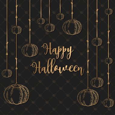 Altın harfli Cadılar Bayramı vektör illüstrasyonunuz kutlu olsun, balkabağı ve kemik dekorasyonu elementleri siyah arka planda izole edildi. Poster, pankart, parti davetiyesi, tebrik kartı için tasarım