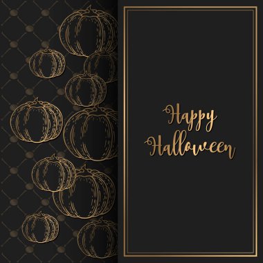 Altın harfli Cadılar Bayramı vektör illüstrasyonunuz kutlu olsun, balkabağı ve kemik dekorasyonu elementleri siyah arka planda izole edildi. Poster, afiş, tebrik kartı, parti daveti için tasarım