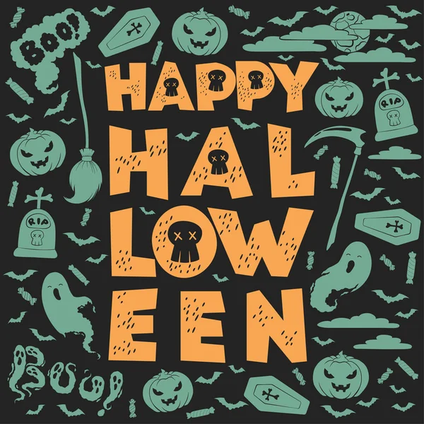 Joyeux Halloween Carte Avec Lettrage Dessiné Main Éléments Décoration Halloween — Image vectorielle