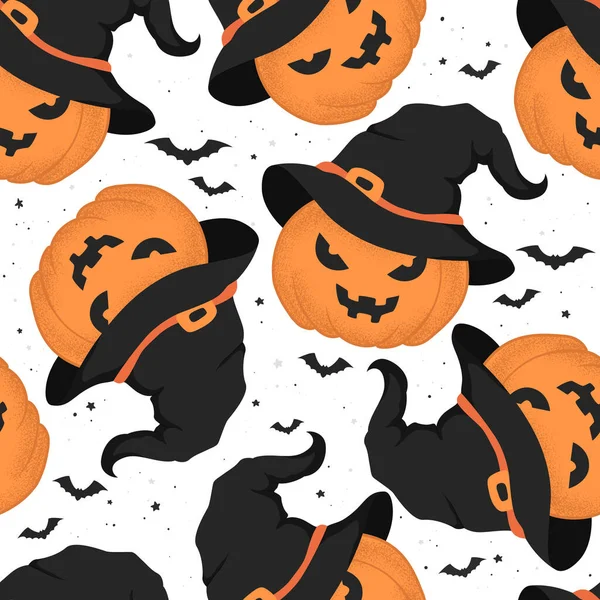 Padrão Halloween Vetor Sem Costura Com Abóboras Chapéus Bruxa Isolado —  Vetores de Stock