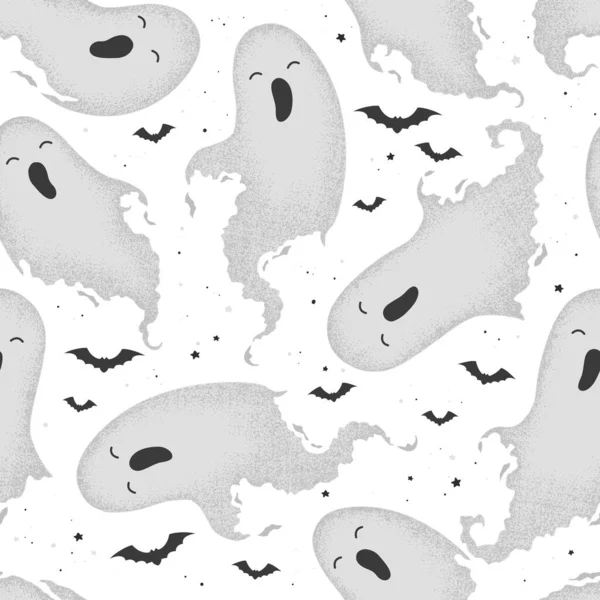 白い背景に孤立した可愛い手描きの幽霊とベクトルシームレスパターン ポスター カード バナー パーティー招待のためのハロウィーンのデザイン — ストックベクタ