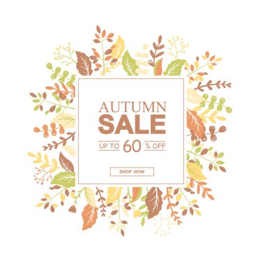 Beyaz arka planda renkli yapraklar, dallar ve çiçeklerle sonbahar satış vektör afişi. Reklam, promosyon, broşür, davetiye, kart, web sitesi posteri için tasarım