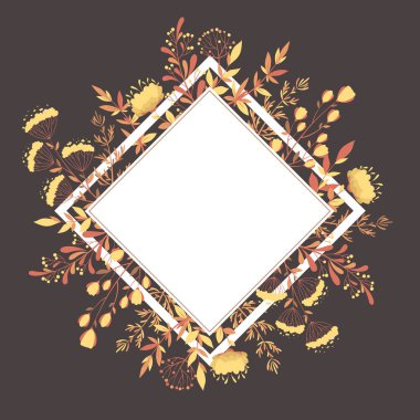 Gri arka planda el yapımı yapraklar, dallar ve çiçeklerden oluşan afiş ve çiçek desenli vektör ilüstrasyonu. Davetiye, poster, kart, baskı için sonbahar tasarımı