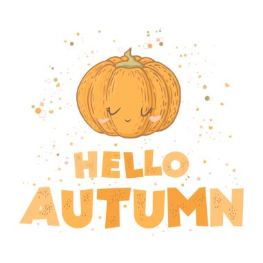 Çizgi balkabağı ve beyaz arka planda izole Hello Autumn harfleriyle vektör illüstrasyonu. Yazdırma, kumaş, duvar kağıdı, kart tasarımı