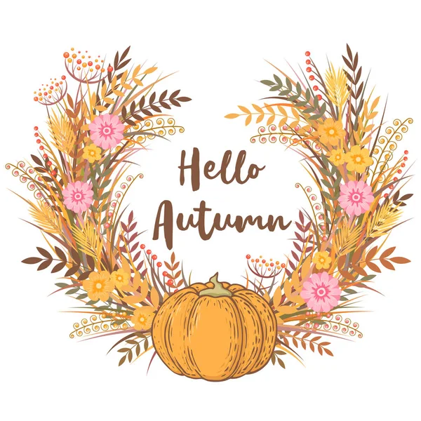 Hallo Herbst Vektorillustration Mit Bunten Blumen Kräutern Blättern Und Kürbis — Stockvektor