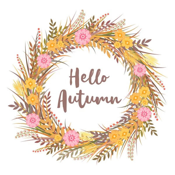 Hallo Herbst Vektorillustration Mit Bunten Kranz Aus Blumen Kräutern Und — Stockvektor