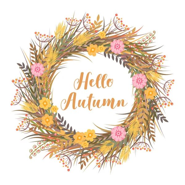 Hallo Herbst Vektorillustration Mit Bunten Kranz Aus Blumen Kräutern Und — Stockvektor