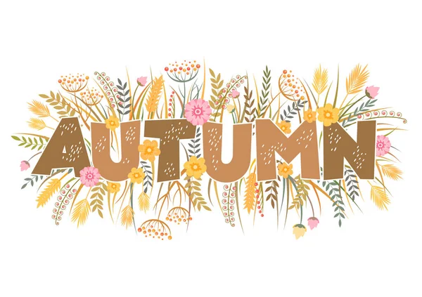 Renkli elle çizilmiş vektör çizimi, beyaz arka planda sonbahar, çiçekler, yapraklar ve bitkiler var. Pankart, duvar kağıdı, poster, broşür ve kart için düzenleme