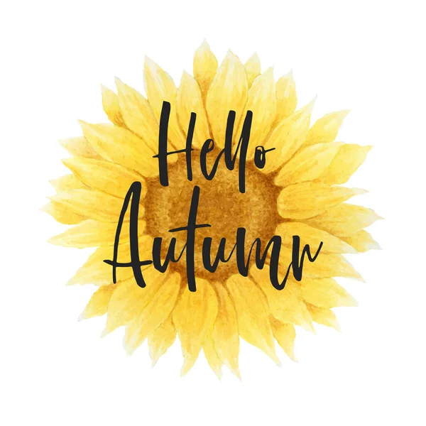 Vektor Illustration Mit Aquarell Sonnenblume Und Handgezeichnetem Schriftzug Hallo Herbst — Stockvektor