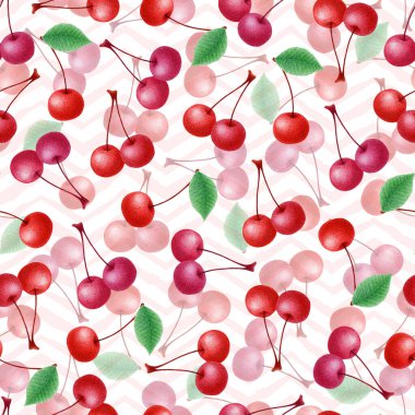 Geometrik arka planda izole edilmiş elle çizilmiş kirazlı suluboya deseni. Baskı, kart, davetiye, duvar kağıdı, ev dekorasyonu, kumaş için meyve illüstrasyonu