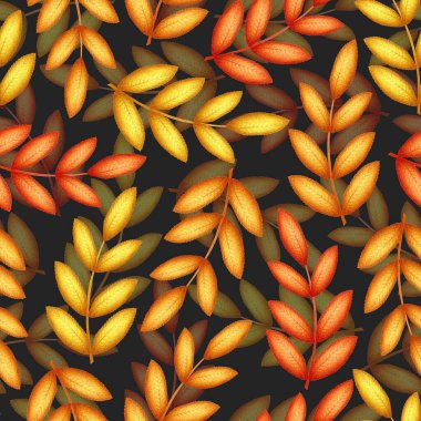 Elle çizilmiş kusursuz suluboya deseni ve siyah arka planda izole edilmiş sonbahar yaprakları ve dalları. Tekstil, baskı, kart, davetiye, duvar kağıdı, kumaş, ev dekorasyonu için botanik illüstrasyon