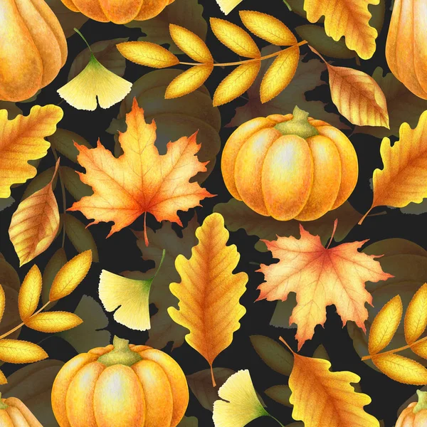 Seamless Watercolor Pattern Hand Drawn Autumn Branches Leaves Pumpkins Isolated — Stock Photo, Image