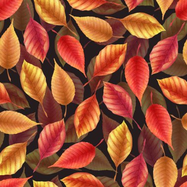 Kusursuz suluboya desenli, elle çizilmiş sonbahar yapraklı, siyah arka planda izole. Tekstil, baskı, kart, davetiye, duvar kağıdı, kumaş, ev dekorasyonu için botanik illüstrasyon