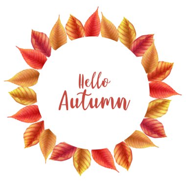 Renkli yapraklardan yuvarlak çerçeveli suluboya el çizimi ve beyaz arka planda izole Hello Autumn harfleri. Yazdırma, kart, ev dekorasyonu, davet için tasarım